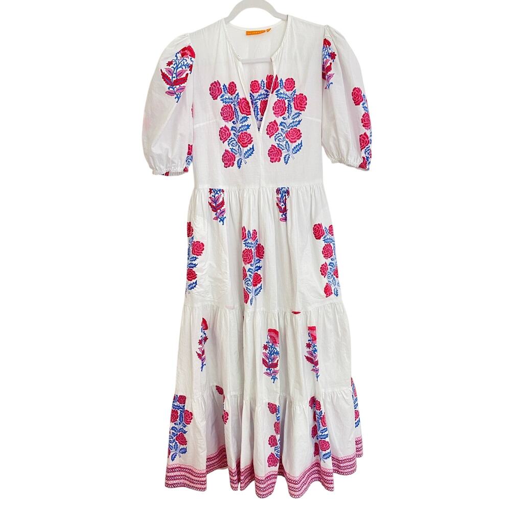 OLIPHANT Tuckernuck Pink Blue Block Print Grandiflora Puff Sleeve Maxi Dress XS - Picture 8 of 14